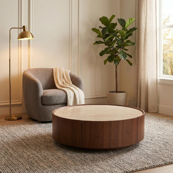 English Elm 39.3 Round Sintered Stone Coffee Table Walnut Veneer Travertine Top with Hidden Drawer W5098P533759