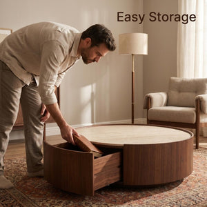 English Elm 39.3 Round Sintered Stone Coffee Table Walnut Veneer Travertine Top with Hidden Drawer W5098P533759