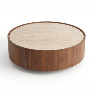 English Elm 39.3 Round Sintered Stone Coffee Table Walnut Veneer Travertine Top with Hidden Drawer W5098P533759