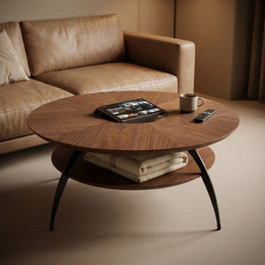 English Elm 3.54-Inch Round Two-Tier Coffee Table with Glass Inlay Oak Surface and Steel Legs W5098P533760