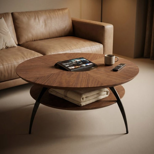 English Elm 3.54-Inch Round Two-Tier Coffee Table with Glass Inlay Oak Surface and Steel Legs W5098P533760