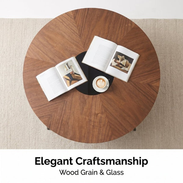 English Elm 3.54-Inch Round Two-Tier Coffee Table with Glass Inlay Oak Surface and Steel Legs W5098P533760