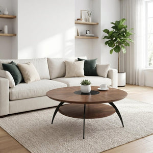 English Elm 3.54-Inch Round Two-Tier Coffee Table with Glass Inlay Oak Surface and Steel Legs W5098P533760