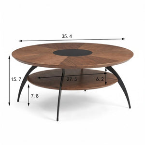 English Elm 3.54-Inch Round Two-Tier Coffee Table with Glass Inlay Oak Surface and Steel Legs W5098P533760