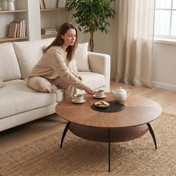 English Elm 3.54-Inch Round Two-Tier Coffee Table with Glass Inlay Oak Surface and Steel Legs W5098P533760