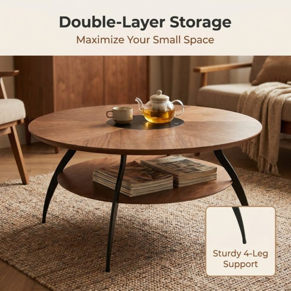 English Elm 3.54-Inch Round Two-Tier Coffee Table with Glass Inlay Oak Surface and Steel Legs W5098P533760