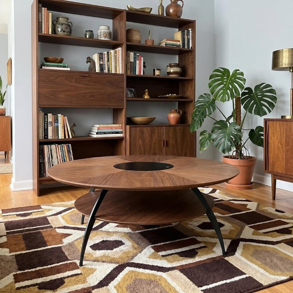 English Elm 3.54-Inch Round Two-Tier Coffee Table with Glass Inlay Oak Surface and Steel Legs W5098P533760