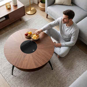 English Elm 3.54-Inch Round Two-Tier Coffee Table with Glass Inlay Oak Surface and Steel Legs W5098P533760
