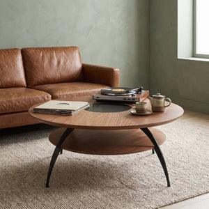 English Elm 3.54-Inch Round Two-Tier Coffee Table with Glass Inlay Oak Surface and Steel Legs W5098P533760