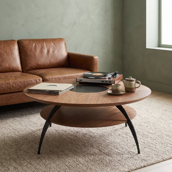 English Elm 3.54-Inch Round Two-Tier Coffee Table with Glass Inlay Oak Surface and Steel Legs W5098P533760