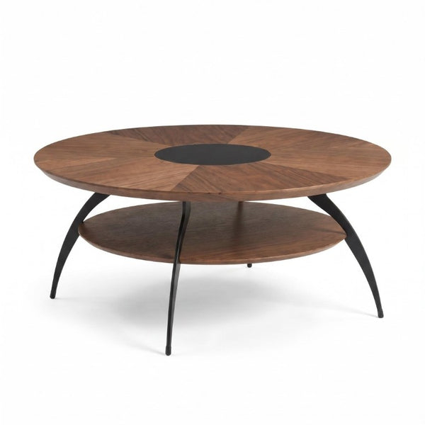 English Elm 3.54-Inch Round Two-Tier Coffee Table with Glass Inlay Oak Surface and Steel Legs W5098P533760