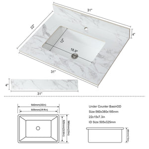 English Elm 31"x22"bathroom Vanity Top Sintered Stone Carrara White Undermount Ceramic Sink with Backsplash Single Faucet Hole W509P211123