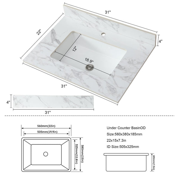 English Elm 31"x22"bathroom Vanity Top Sintered Stone Carrara White Undermount Ceramic Sink with Backsplash Single Faucet Hole W509P211123