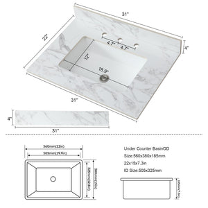 English Elm 31"x22"bathroom Vanity Top Sintered Stone Carrara White Undermount Ceramic Sink with Backsplash Three Faucet Holes W509P211124