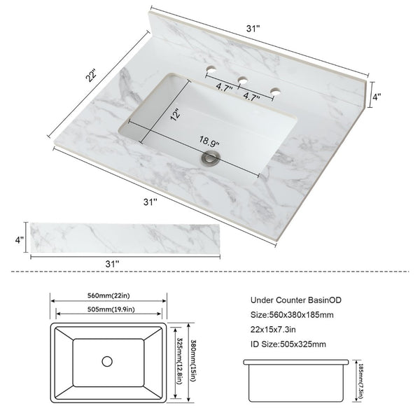 English Elm 31"x22"bathroom Vanity Top Sintered Stone Carrara White Undermount Ceramic Sink with Backsplash Three Faucet Holes W509P211124