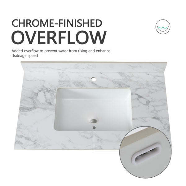 English Elm 37"x22"bathroom Vanity Top Sintered Stone Carrara Undermount Ceramic Sink with Backsplash Single Faucet Hole W509P211125