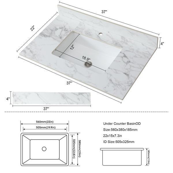 English Elm 37"x22"bathroom Vanity Top Sintered Stone Carrara Undermount Ceramic Sink with Backsplash Single Faucet Hole W509P211125