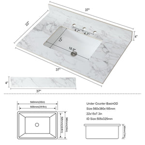 English Elm 37"x22"bathroom Vanity Top Sintered Stone Carrara Undermount Ceramic Sink with Backsplash Three Faucet Holes W509P211126