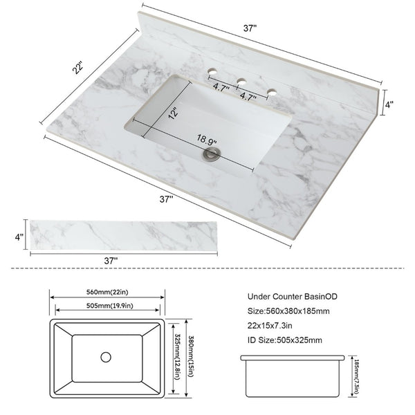 English Elm 37"x22"bathroom Vanity Top Sintered Stone Carrara Undermount Ceramic Sink with Backsplash Three Faucet Holes W509P211126