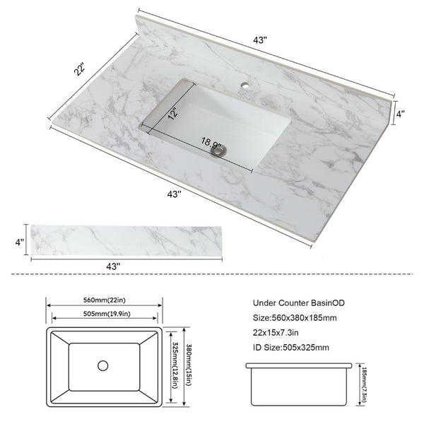 English Elm 43X22bathroom Sintered Stone Carrara Vanity Top with Undermount Ceramic Sink Backsplash W509P211127