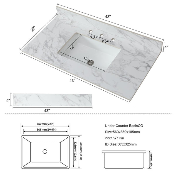 English Elm 43X22bathroom Vanity Top Sintered Stone Carrara White Undermount Sink with Backsplash W509P211128