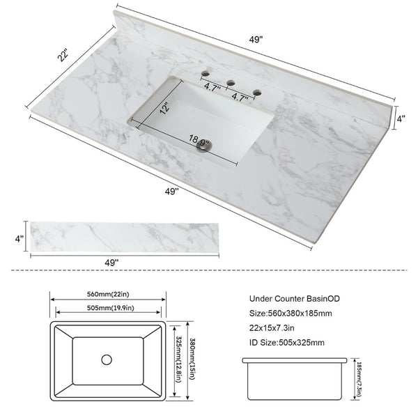 English Elm 49"x22"bathroom Vanity Top Sintered Stone Carrara Undermount Sink with Backsplash W509P211130
