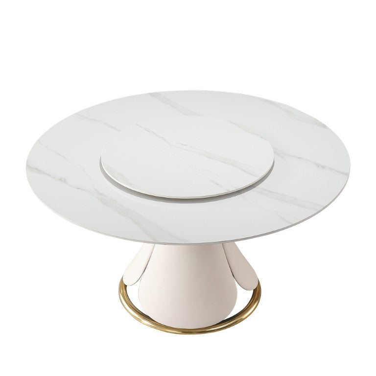 English Elm Dining Table Round Sintered Stone Top with Lazy Susan and Sculptural Mixed Material Base W509P415267
