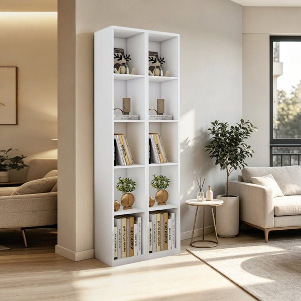 English Elm 84-Inch Tall White Bookcase 10 Cube Open Shelving Unit for Narrow Spaces W509P446835
