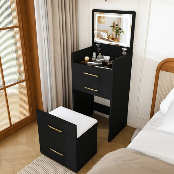 English Elm 3 in 1 Glossy Black Vanity Desk with Flip Mirror Glass Top and Storage Drawers W509P486750