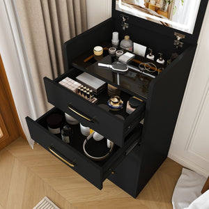 English Elm 3 in 1 Glossy Black Vanity Desk with Flip Mirror Glass Top and Storage Drawers W509P486750