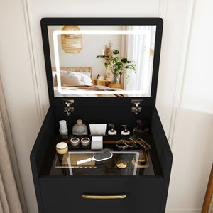 English Elm 3 in 1 Glossy Black Vanity Desk with Flip Mirror Glass Top and Storage Drawers W509P486750