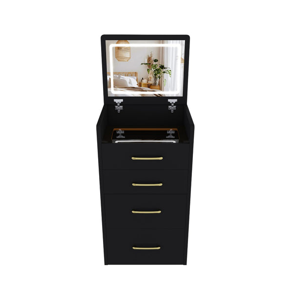 English Elm 3 in 1 Glossy Black Vanity Desk with Flip Mirror Glass Top and Storage Drawers W509P486750