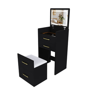 English Elm 3 in 1 Glossy Black Vanity Desk with Flip Mirror Glass Top and Storage Drawers W509P486750