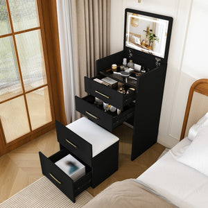 English Elm 3 in 1 Glossy Black Vanity Desk with Flip Mirror Glass Top and Storage Drawers W509P486750