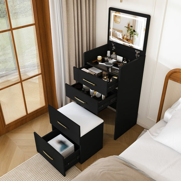 English Elm 3 in 1 Glossy Black Vanity Desk with Flip Mirror Glass Top and Storage Drawers W509P486750