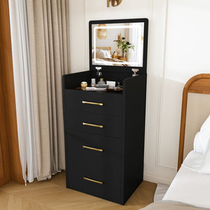 English Elm 3 in 1 Glossy Black Vanity Desk with Flip Mirror Glass Top and Storage Drawers W509P486750