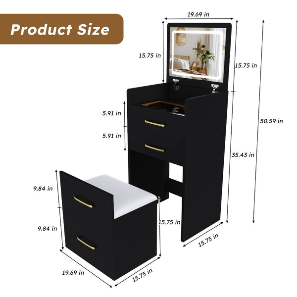 English Elm 3 in 1 Glossy Black Vanity Desk with Flip Mirror Glass Top and Storage Drawers W509P486750