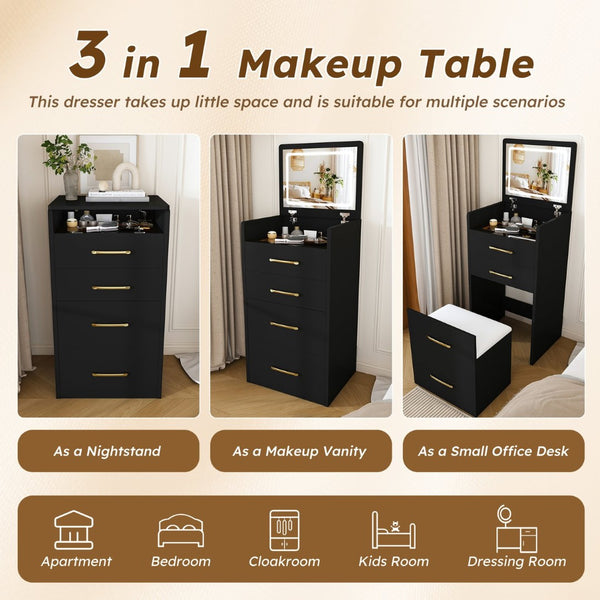English Elm 3 in 1 Glossy Black Vanity Desk with Flip Mirror Glass Top and Storage Drawers W509P486750