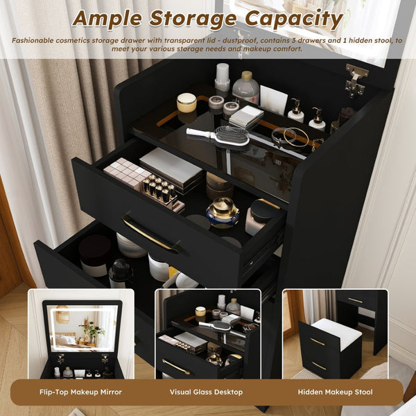 English Elm 3 in 1 Glossy Black Vanity Desk with Flip Mirror Glass Top and Storage Drawers W509P486750