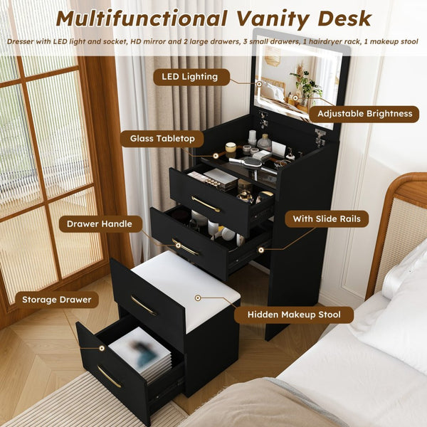English Elm 3 in 1 Glossy Black Vanity Desk with Flip Mirror Glass Top and Storage Drawers W509P486750