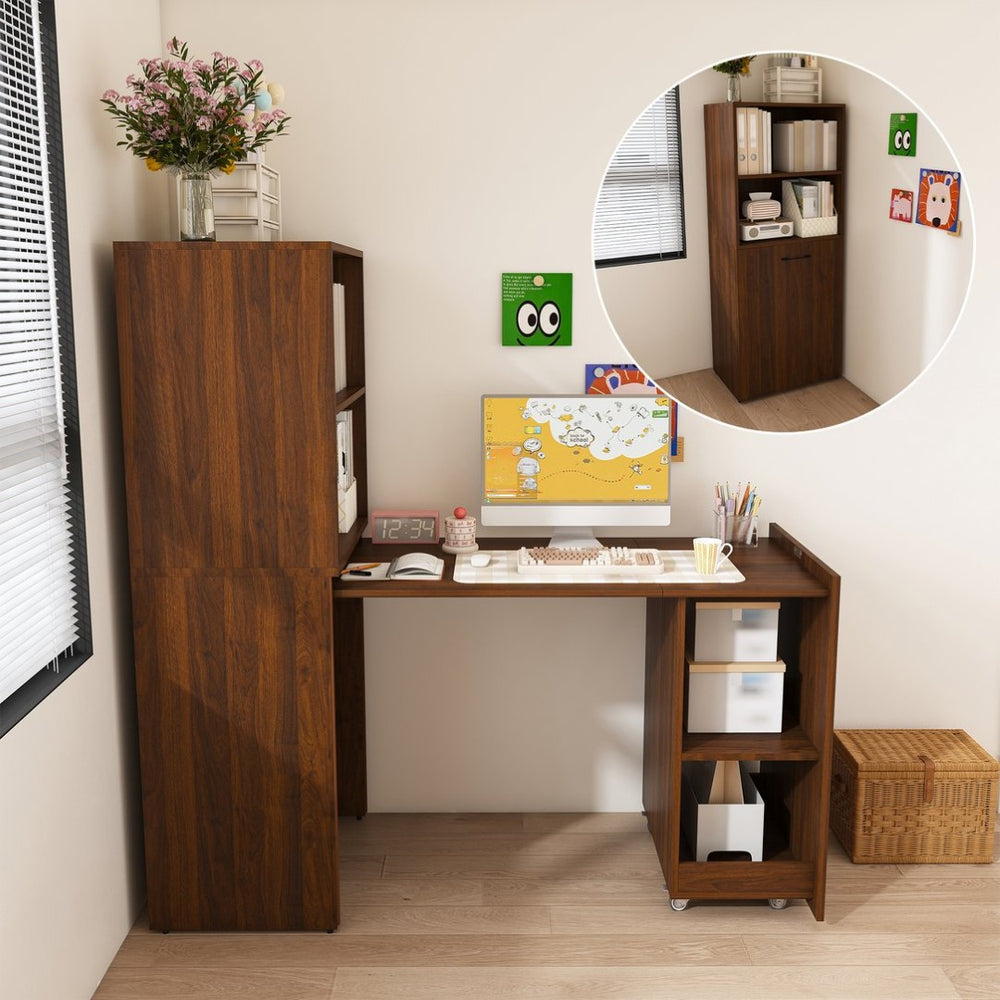 English Elm Stretchable Expandable Walnut Desk with Locking Wheels and Four Tier Shelving for Small Spaces W509P494901