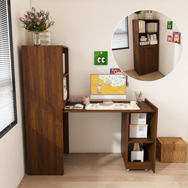 English Elm Stretchable Expandable Walnut Desk with Locking Wheels and Four Tier Shelving for Small Spaces W509P494901