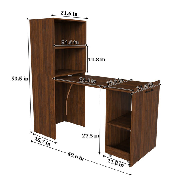 English Elm Stretchable Expandable Walnut Desk with Locking Wheels and Four Tier Shelving for Small Spaces W509P494901