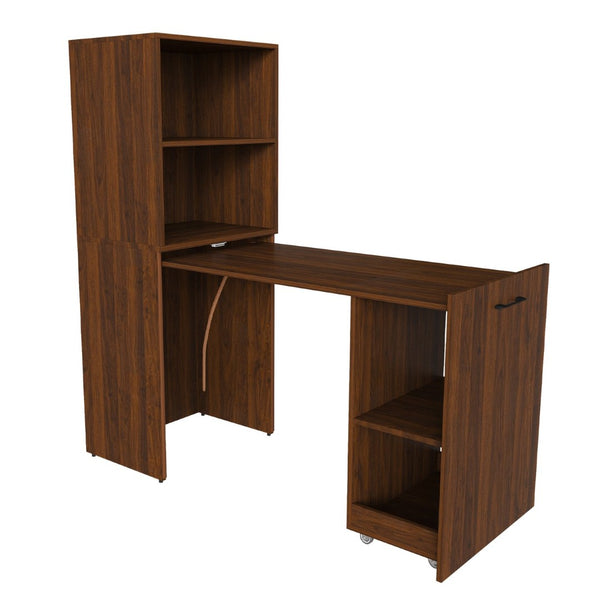 English Elm Stretchable Expandable Walnut Desk with Locking Wheels and Four Tier Shelving for Small Spaces W509P494901