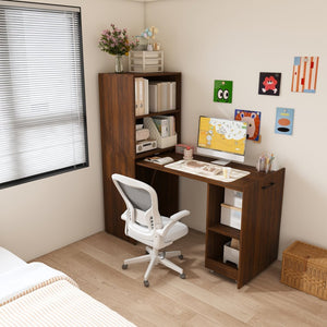English Elm Stretchable Expandable Walnut Desk with Locking Wheels and Four Tier Shelving for Small Spaces W509P494901