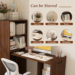 English Elm Stretchable Expandable Walnut Desk with Locking Wheels and Four Tier Shelving for Small Spaces W509P494901