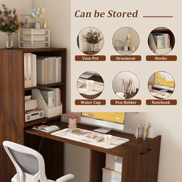 English Elm Stretchable Expandable Walnut Desk with Locking Wheels and Four Tier Shelving for Small Spaces W509P494901