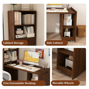 English Elm Stretchable Expandable Walnut Desk with Locking Wheels and Four Tier Shelving for Small Spaces W509P494901
