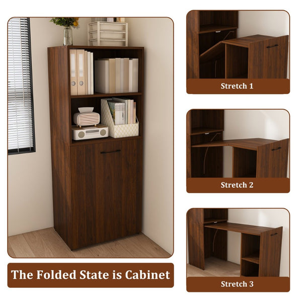 English Elm Stretchable Expandable Walnut Desk with Locking Wheels and Four Tier Shelving for Small Spaces W509P494901