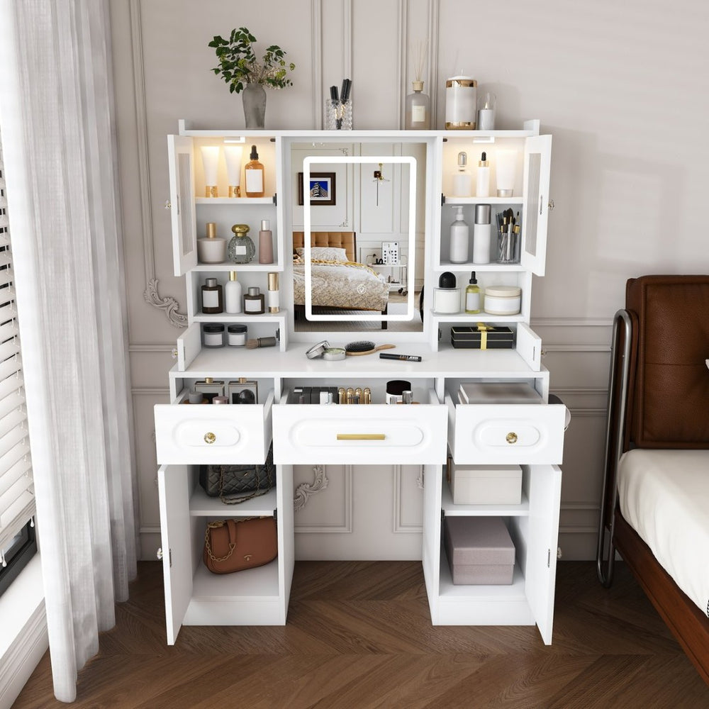 English Elm Large White Vanity Set with Lighted Mirror Six Drawers and Built-in Power Outlet W509P504747